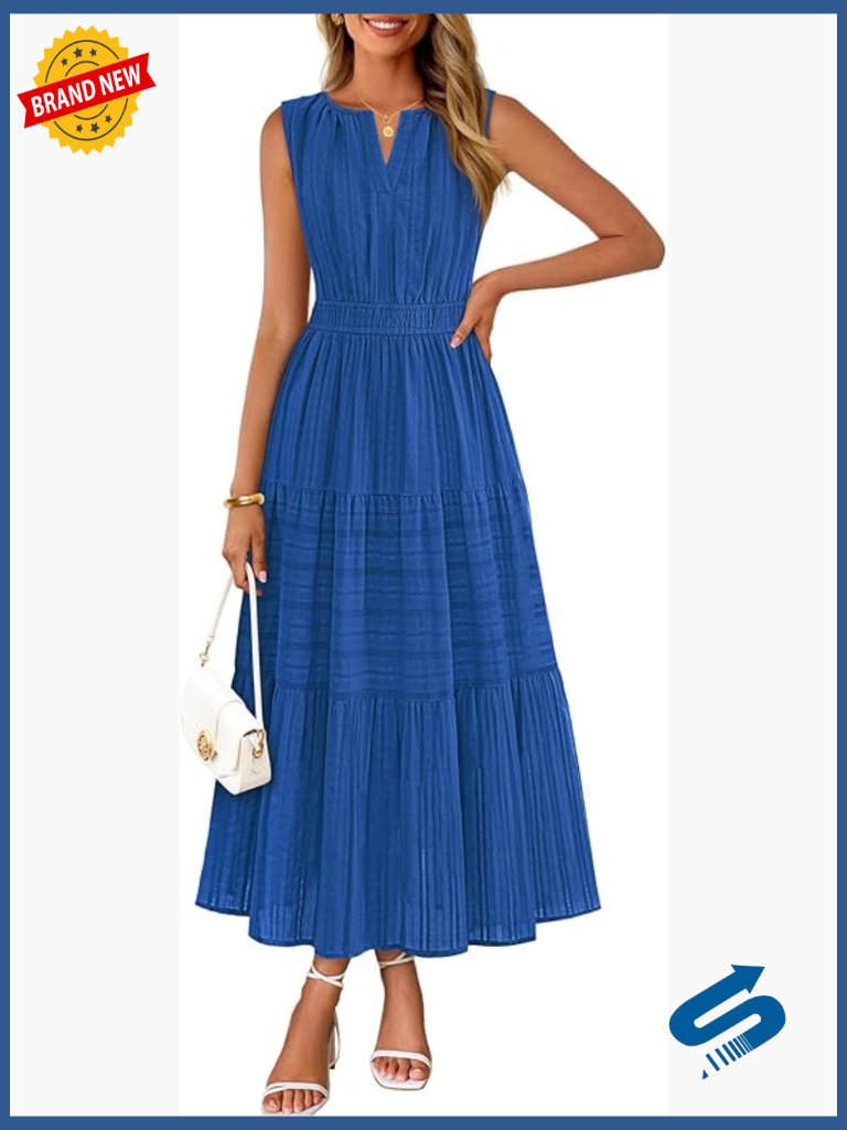 Casual V Neck Sleeveless Boho Midi Maxi Dress With Pockets